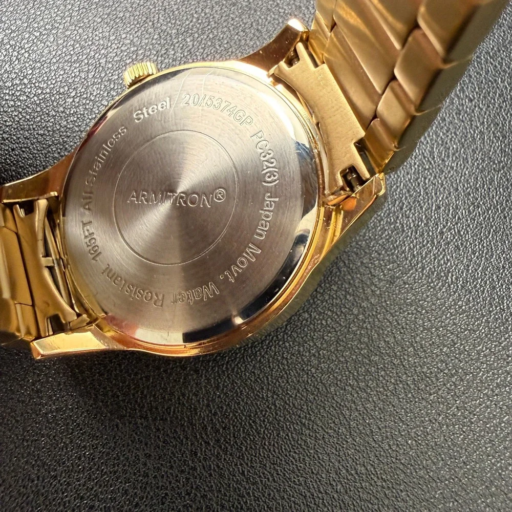Armitron 20/5374GP Men's Gold Tone Date Black Dial‎ Bracelet Watch New Battery